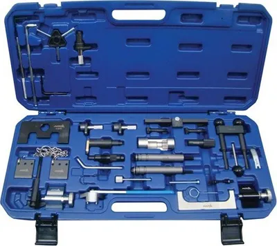 A blue plastic case containing a set of automotive tools.