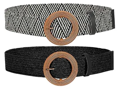 Produktbild von Strohgeflochtener Damen-Gürtel 2 Stück, Elastischer Boho-Taillengürtel Mit Holzschnalle, 98x4,5 Cm Für Kleider Und Freizeitoutfits