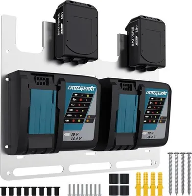 Image de Support mural métallique pour batteries et chargeur, en acier inoxydable, avec matériel de fixation