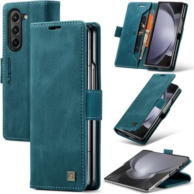 Immagine prodotto di Custodia per Samsung Galaxy Z Fold 5 5G, Custodia retrò in Finto cuoio, supporto e custodia protettiva blu