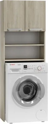 A washing machine cabinet with shelves and doors, with a washing machine placed underneath.