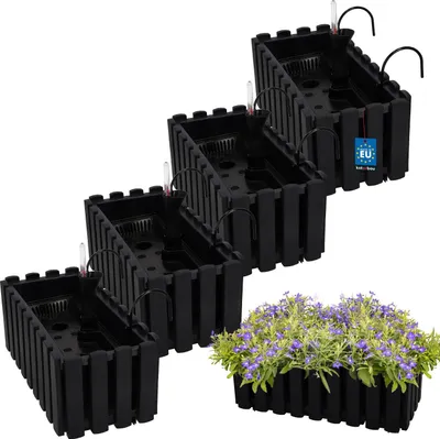 Produktbild von KOTARBAU® 4er Set Blumenkasten Balkon Blumentopf Selbstbewässernd 38x18x16cm Anthrazit Kunststoff Blumentopf Balkongeländer Bewässerungssystem Blumenkastenhalterung Pflanzkübel Groß Außen