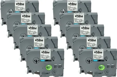 Produktbild von vhbw 10x Schriftband-Kassette kompatibel mit Brother PT H101C, H101GB, H107B, H101, H101TB, H105, H105VP Etiketten-Drucker 8m x 12mm Schwarz auf Weiß