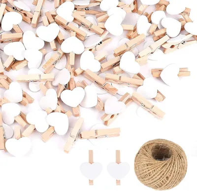 Produktbild von Mini Holzklammern Herzform weiß, 100 Stück, 3 x 0,5 cm, mit 10 m Juteseil für Dekoration