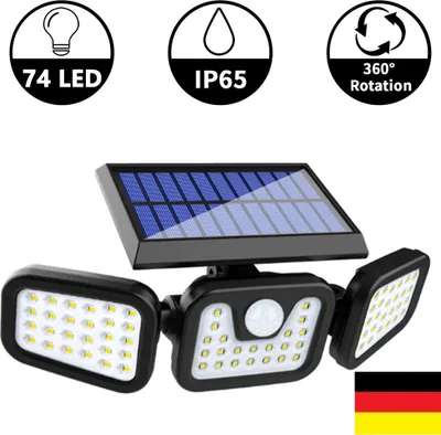 Produktbild von 74 LED Solarlampen für außen mit Bewegungsmelder Solarleuchten für außen LED Strahler Außen Solar Außenwandleuchten 360°Drehbar