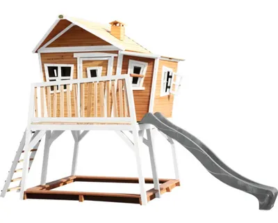 Produktbild von AXI Spielhaus Max mit Sandkasten & grauer Rutsche | Stelzenhaus in Braun & Weiß aus  Holz für Kinder | Spielturm mit Wellenrutsche für den Garten