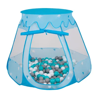 Obrázek produktu pro Selonis dětský stan na hraní 105X90cm/300 míčků Hradní domeček Pop Up Ballpit Plastové míčky pro děti, Modrá:Grey-Bílá-Tyrkysová