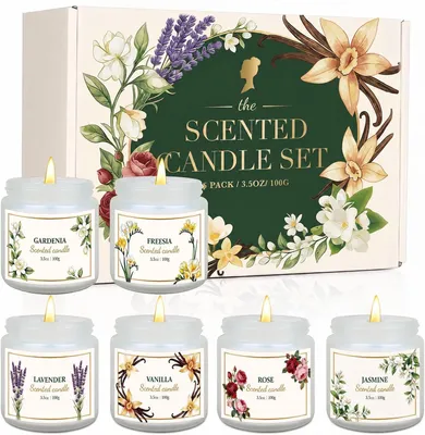 Image de 6 bougies parfumées pour femmes – lavande, vanille, gardénia, rose, jasmin, freesia (parfums floraux)