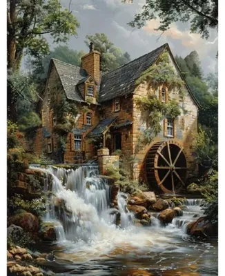 Produktbild von Diamantmosaik, Holzhof am Fluss und Wasserfall, 30x40 cm, kreativ