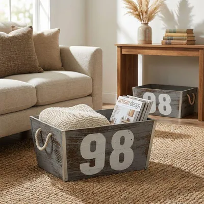 Immagine prodotto di Milani Home - Set Di 3 Cassette In Legno Di Design Industrial Stile Moderno Con Decoro , G.38x28x18/M.32x24x16/P.26x20x14 - Grigio