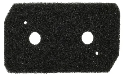 A black foam filter with two large circular holes and two small circular holes.