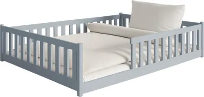 Produktbild von Kinderbett Bodenbett 140x200 cm mit Rausfallschutz & Lattenrost Montessori Bett Bed Gitterbett Kinder Jugendbett Einzelbett | Aschgrau