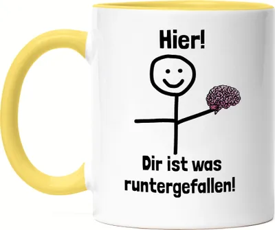 Produktbild von Hier dir ist etwas runtergefallen Tasse Gelb Lustig Spruch Gehirn Strichfigur