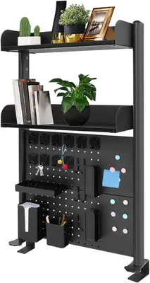 Image de Étagère de bureau - Étagère à 2 niveaux avec panneau perforé - Étagères réglables - Rangement pour livres et fournitures de bureau - Acier au carbone et MDF - Noir