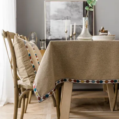 Produktbild von Tischdecke Quadratisch 130x130 cm Khaki Fleckschutz Baumwolle Leinen Gestickte Bordüre