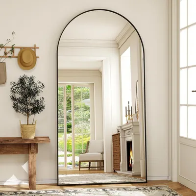 Immagine prodotto di Specchio a figura intera, forma ad arco, 95 x 195 cm, cornice in alluminio nero, con supporto per appoggio o fissaggio a parete