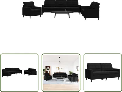 Produktbild von The Living Store 3-tlg. Sofagarnitur mit Kissen Schwarz Samt