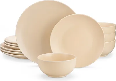 Obrázek produktu pro 12dílný porcelánový servis Vancasso, jídelní servis se 4 talíři, dezertními talíři a miskami na cereálie, sezamová glazura