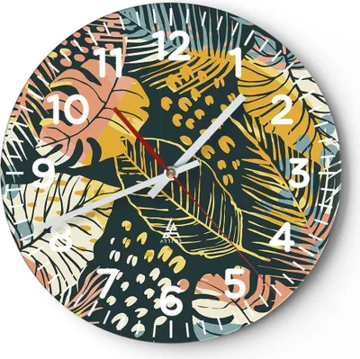 Produktbild von Wanduhr - Rund - Glasuhr - Blätter modern bunt - 40x40cm - Schleichendes Uhrwerk - Lautlos - zum Aufhängen bereit - Dekoration Modern - Wanddekoration aus Glas - C4AR40x40-4630