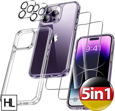 A product image showcasing a clear phone case, screen protector, and camera lens protector for a smartphone, along with a "5in1" badge with the German flag.