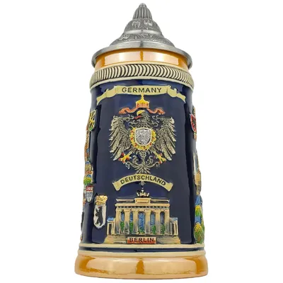 Produktbild von Bierkrug mit Deckel 0,7L – Klassischer Steinkrug mit Deutschland Motiv und Spitzdeckel – Bierseidel für Zuhause, Dekoration & Sammlung
