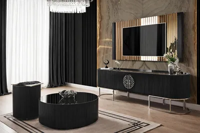 Obrázok produktu pre Elegantná obývacia zostava s TV stolíkom a modernými prvkami v čiernej farbe