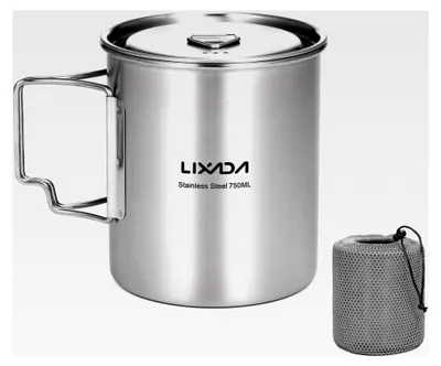 Produktbild von Edelstahl Campingbecher 750ml mit Faltgriffen und Deckel für Outdoor-Aktivitäten