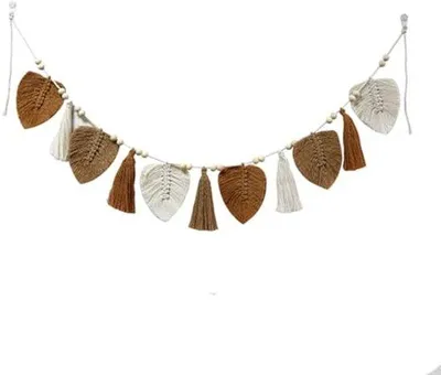 Obrázok produktu pre Ibenzoa® Ručne vyrobená macramé dekorácia na stenu z bavlny s tkanými listami a okrúhlymi drevenými korálkami, 150 x 15 x 15 cm – boho dekorácia na stenu