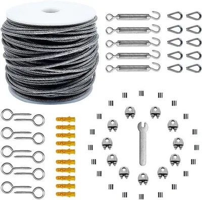 Productafbeelding van Ibenzoa® Stalen kabelset, 30 meter – PVC-gecoate draadkabel (kern 1,5 mm), 67-delig met roestvrijstalen accessoires van 304 kwaliteit, geschikt voor binnen- en buitengebruik