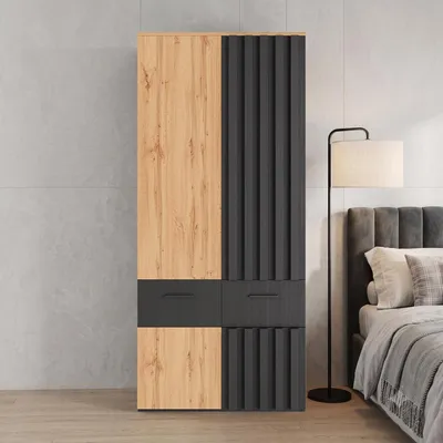 Zdjęcie produktu dla Szafa z panelem imitującym listewki (90x50x200 cm), wysoka szafa z drzwiami obrotowymi, drążkiem na ubrania, 2 szufladami, kolor: czarny + naturalny
