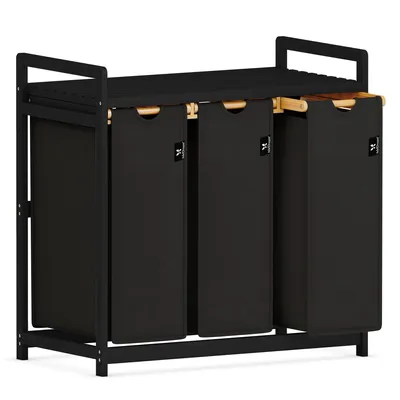 Produktbild von AdelDream Wäschekorb 3 Fächer Wäschesammler 150L Schwarzer Rahmen Wäschewagen mit Ablagen Ablagefläche–herausnehmbare,waschbare Wäschesäcke Wäschebox