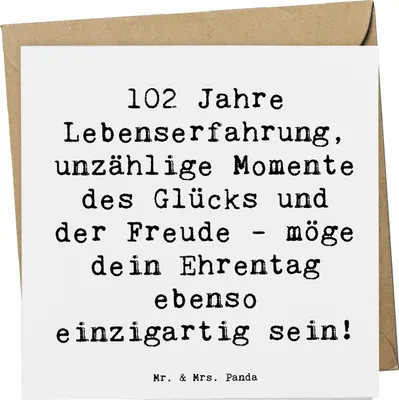 Produktbild von Mr. & Mrs. Panda faltkarte Spruch 102. Geburtstag Glück - Weiß - Geschenk, Jubiläum, Happy Birthday, doppelkarte, Grußkarte, Liebe, Geburtstagsgeschenk, Lebensjubiläum
