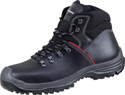 A black work boot with gray accents and red detailing.