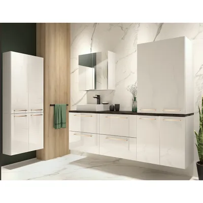 Produktbild von Badezimmer Möbel Set in weiß Hochglanz mit Metallgriffen in kupfer und Beton Dunkel MESSINA-107