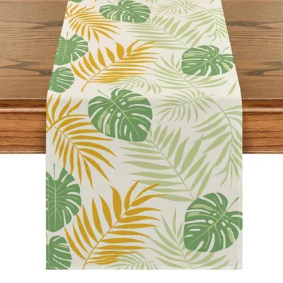 Obrázok produktu pre Podložka pod taniere, umývateľná, žltá, s motívom listov, 33 x 183 cm, materiál: ľan, polyester