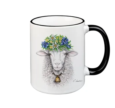 Produktbild von Schwarzwaldmariele - 1122 - Kaffeebecher, Schaf mit Blumenkranz, Keramik, 330ml