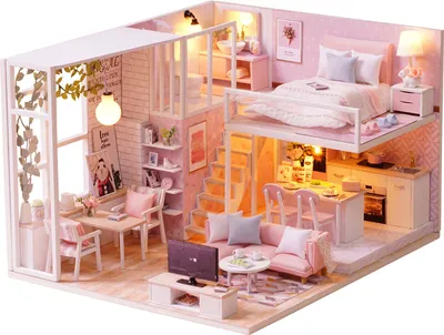Zdjęcie produktu dla Zestaw do samodzielnego montażu miniaturowego domku dla lalek Realistyczny różowy drewniany domek 3D z meblami i oświetleniem LED Świąteczny prezent urodzinowy dla dzieci