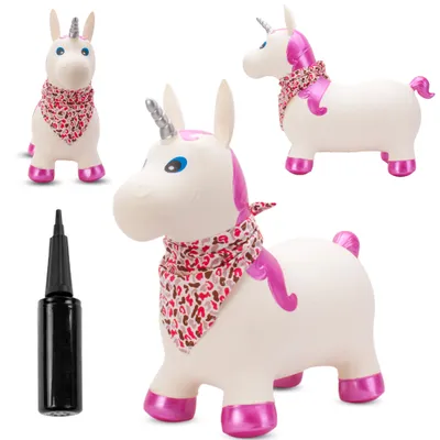 Produktbild von SUN BABY hüpftiere ab 1 Jahr mit Pumpe aufblasbares Hüpfspielzeug aus hochwertigem und strapazierfähigem Gummi weißes Einhorn mit glitzerndem Horn