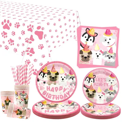Hunde-Geburtstagsdeko rosa, 20-teilig, Tischdecke, Teller, Becher