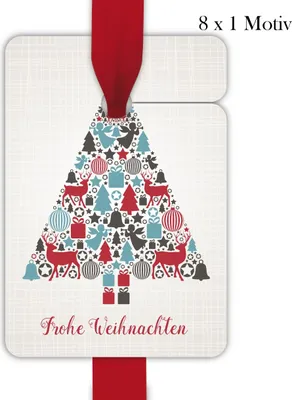Produktbild von 8 Retro Weihnachts Geschenkanhänger zu Weihnachten mit Weihnachtsbaum aus Vintage Ornamenten: Frohe Weihnachten