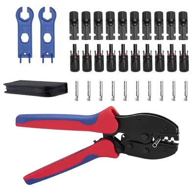 Image de Kit de pinces à sertir SucceBuy pour câbles solaires de 2,5 à 6 mm², outil de sertissage avec repères métriques et AWG, comprenant des connecteurs solaires, des raccords de câbles, des clés et un coffret de rangement