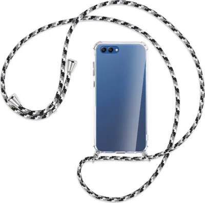 Produktbild von Handykette Backcover-Schutzhülle mit Band (Metall silberfarben) für Honor View 10 / V10 - schwarz/grau/weiß