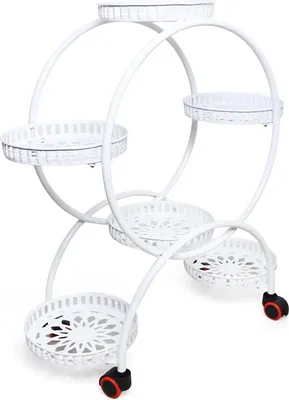 Image de Support de plantes en métal - Étagère à fleurs avec roulettes - 4 niveaux - 6 pots - Rond - Intérieur & Extérieur - Blanc