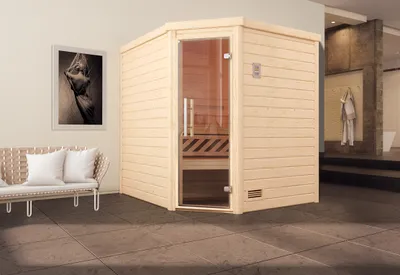 Produktbild von weka Premium Massivholz-Sauna TURKU Eck Gr. 2 Sparset 7,5 kW OS inkl. digitaler Steuerung, Glastür x B x T x H x 195 x 195 x 205
