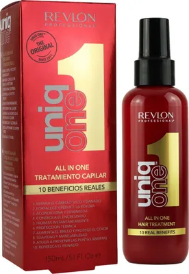 A product shot of a Revlon Uniq One All In One Hair Treatment bottle and its packaging.