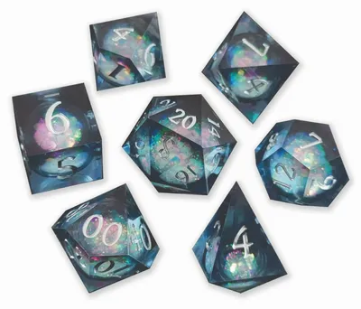 Produktbild von Lapi Toys DnD Würfelset Liquid Core Nightglass – 7 polyedrische RPG Würfel aus Resin – Schwarz / Blau