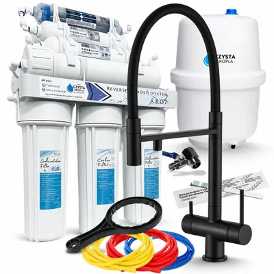 Produktbild von Wasserfilter Set RO7 mit 3-Wege Küchenarmatur Ari HighFlex Schwarz Matt, 7-stufige Umkehrosmose, Mineralisierung
