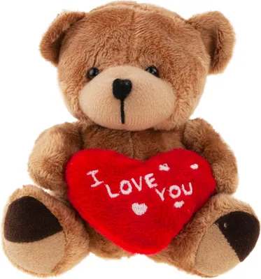 A brown teddy bear holding a red heart with the words "I LOVE YOU" on it.