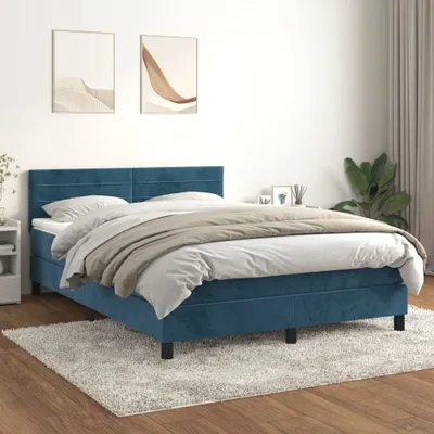 Zdjęcie produktu dla vidaXL Łóżko sprężynowe z materacem ciemnoniebieskie 140x200 cm aksamitne