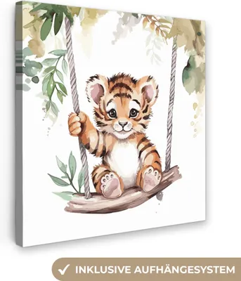 Produktbild von MuchoWow® - Leinwandbilder - Tiger - Tier - Kinder - Dschungel, Wandbild, Wanddeko Bilder Wohnzimmer, 90x90cm